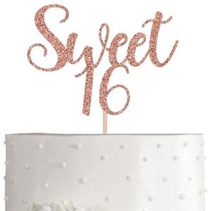 Rose Gold Glitter Sweet 16 Birthday Cake Topper